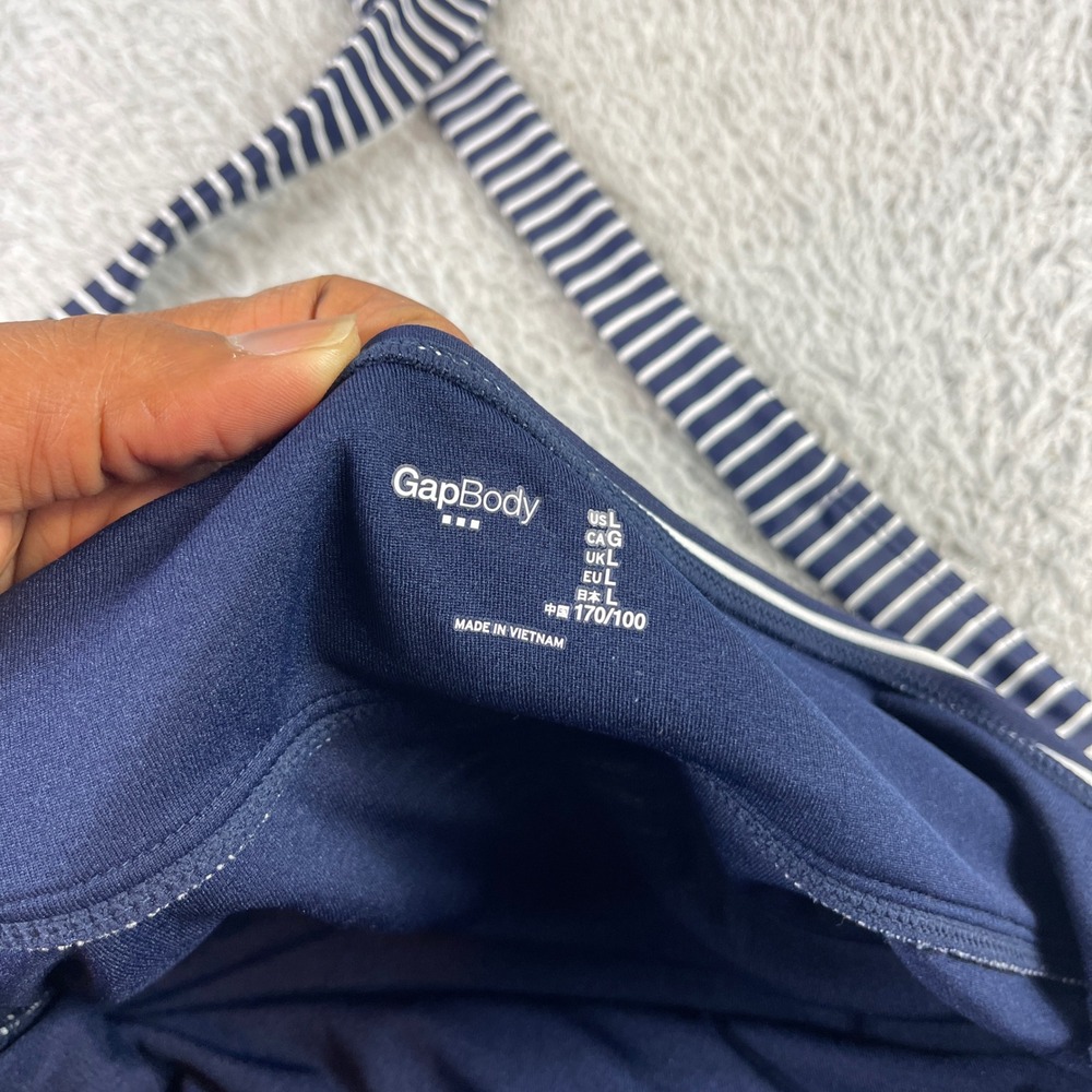 GapBody Navy Blue White Striped Ruched Halter One Piece Swimsuit Large - Picture 2 of 9